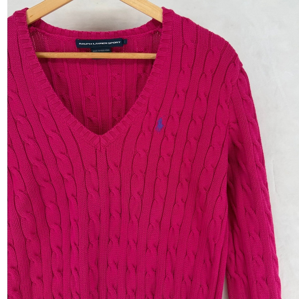 Ralph Lauren Sport Womens Pink Cable Knit V-Neck Cotton Sweater L Old Money